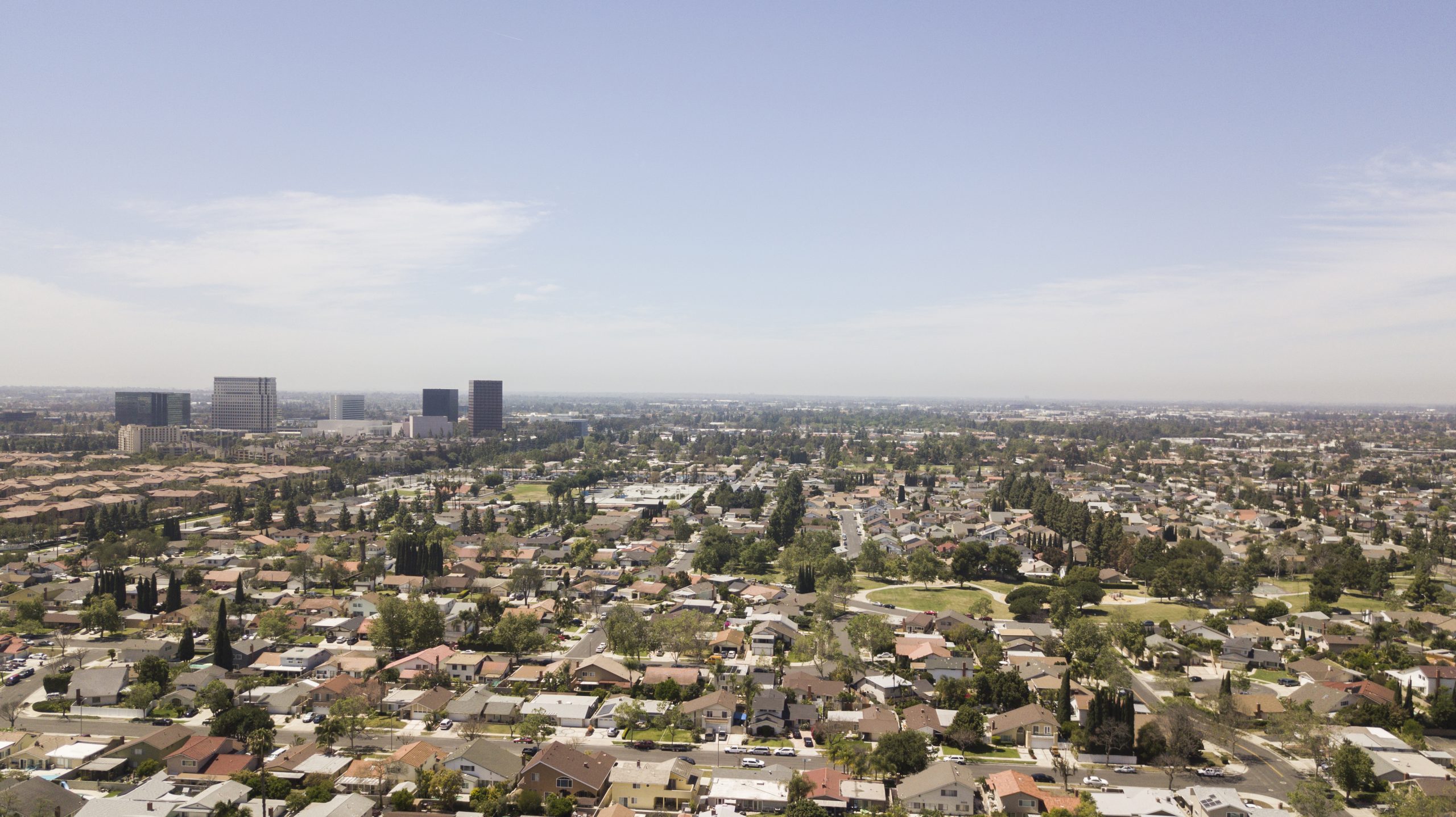 Costa Mesa houses and skyline.